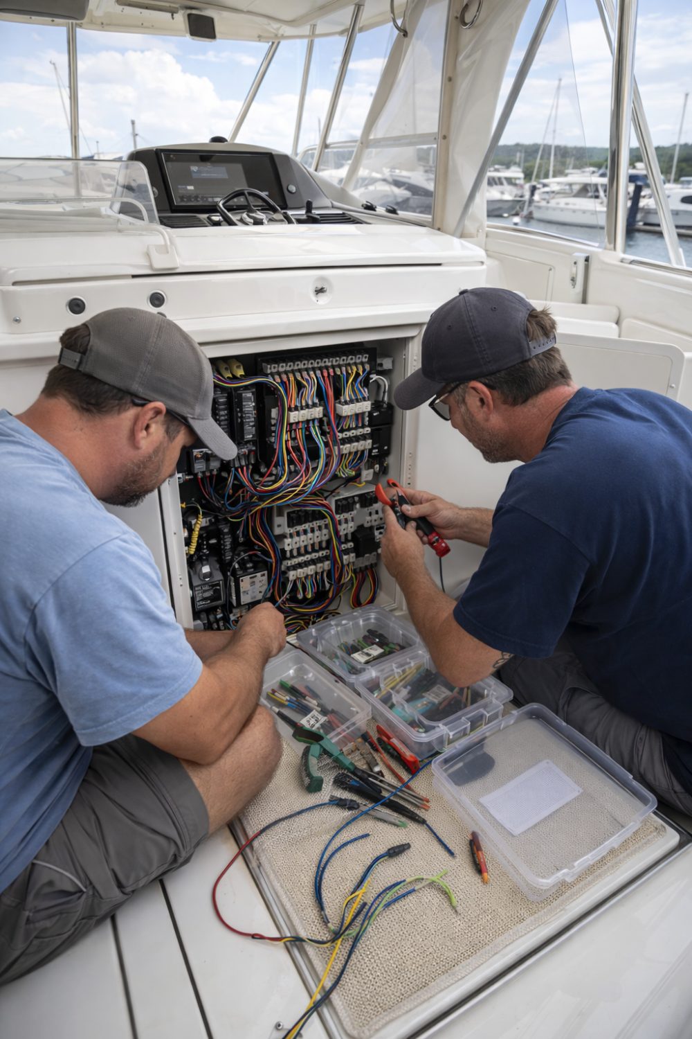 Technicians wiring a marine switchboard